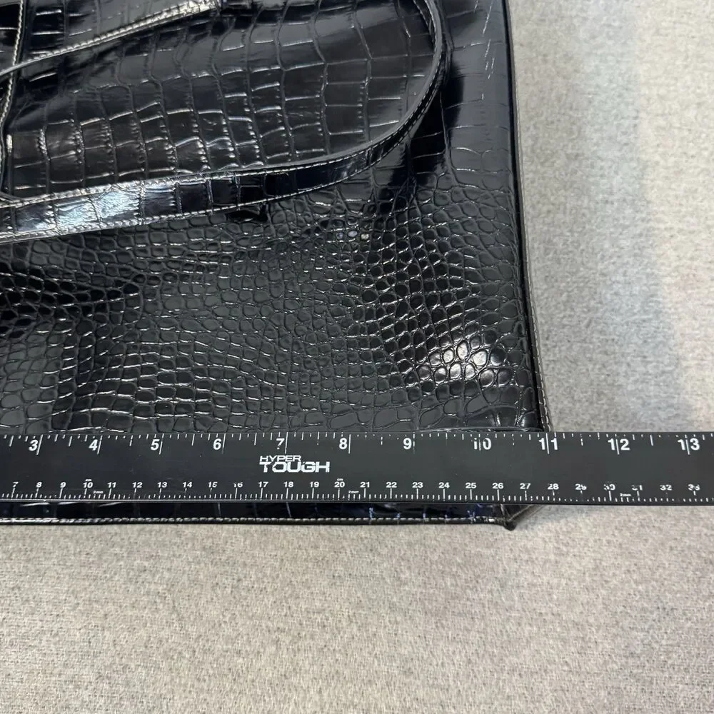 VTG Liz Claiborne Tote Bag Black Faux Croc 15x11 Structured Purse Wallet Mirror